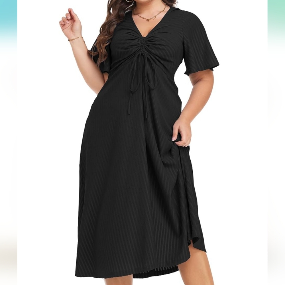 PLUS SIZE Elegant Black Ribbed Midi Dress